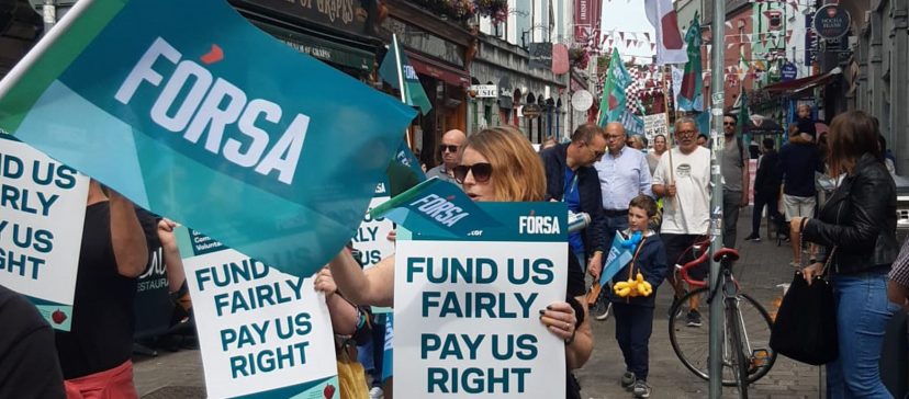 Join a trade union that wins! Women from community and voluntary sector agencies funded by the HSE protesting for fair pay in Galway