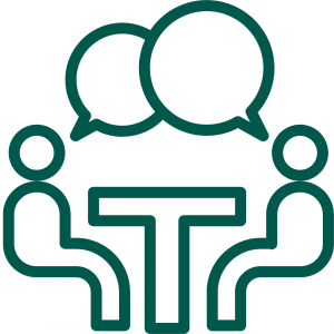 Icon of people chatting at a table in green outlines