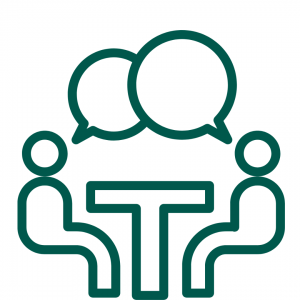 Icon of people chatting at a table in green outlines