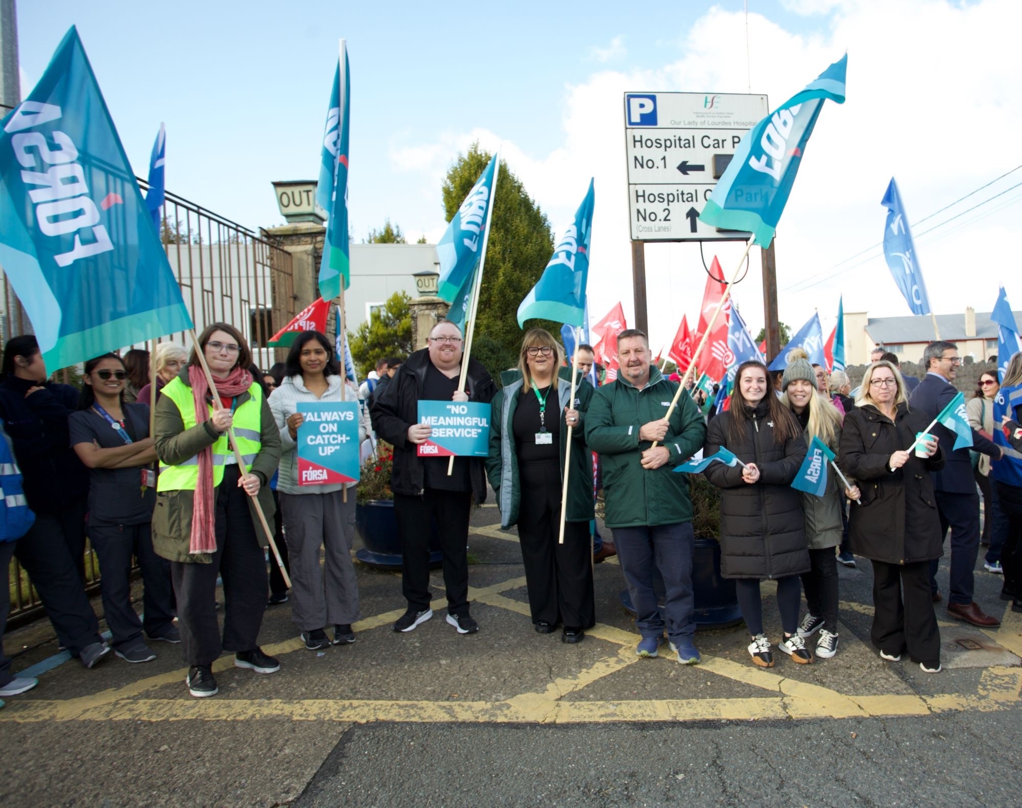Forsa members and staff at our lady of lourdes hospital during a lunchtime protest