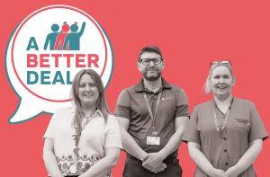 Forsa members in front of a better deal campaign logo on red background